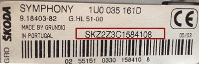 Skoda radio label with the SKZ serial number needed for the code