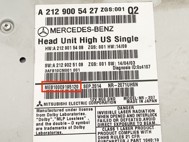 Mercedes radio label with serial number MEB100E9195120 highlighted