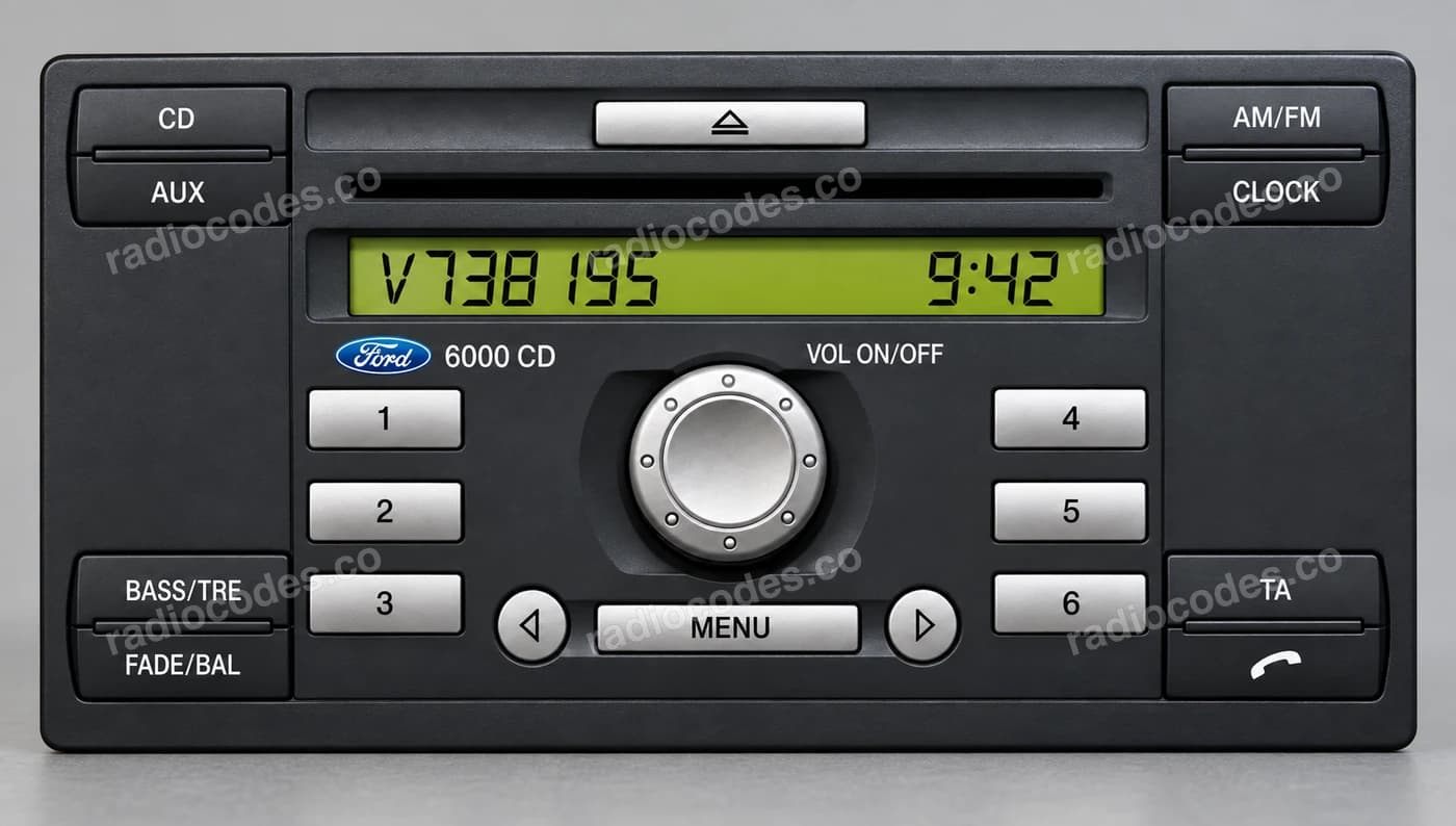 Serial number V738195 on a Ford 6000CD radio display