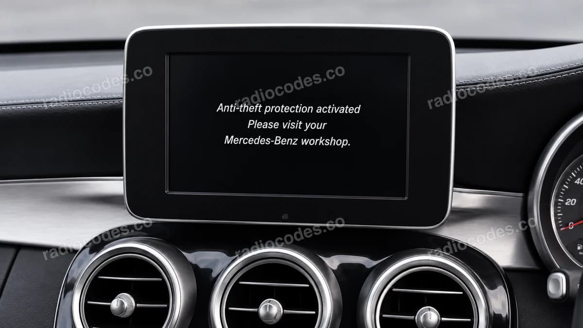 Mercedes head unit screen displaying Anti-theft protection activated