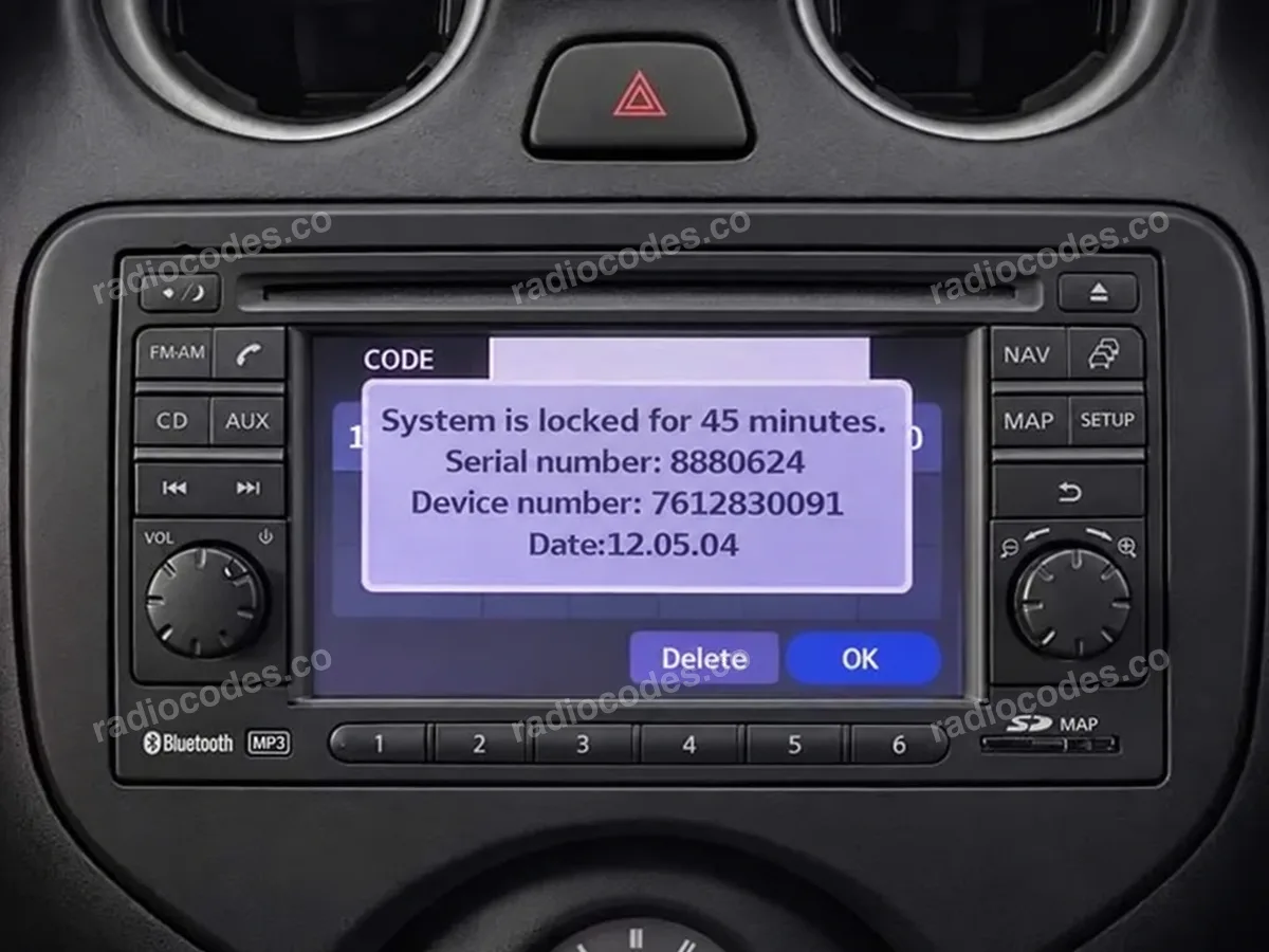 Tela do rádio Nissan Connect com número de série, número do aparelho e data