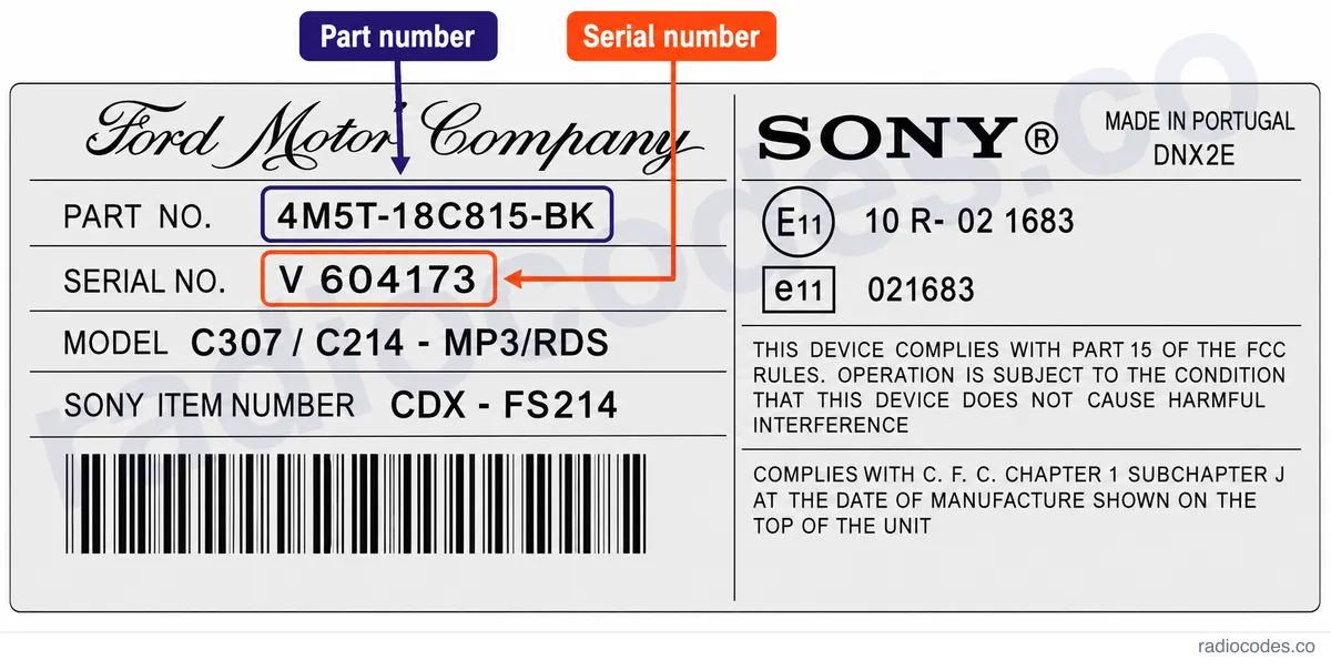 Wo finde ich die Seriennummer des Radios Ford CD132-CD6 CDX-FC132 (V)?