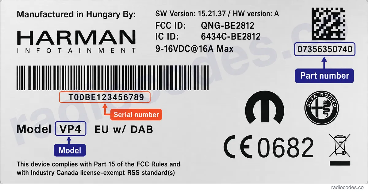 Where can I find the serial number on a Fiat Uconnect 6.5 RA3 / VP4 radio?
