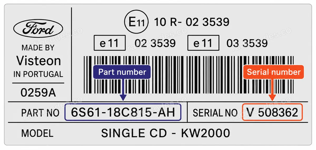 Onde posso encontrar o número de série do rádio Ford 5000C / TAPE - KW2000 (V)?