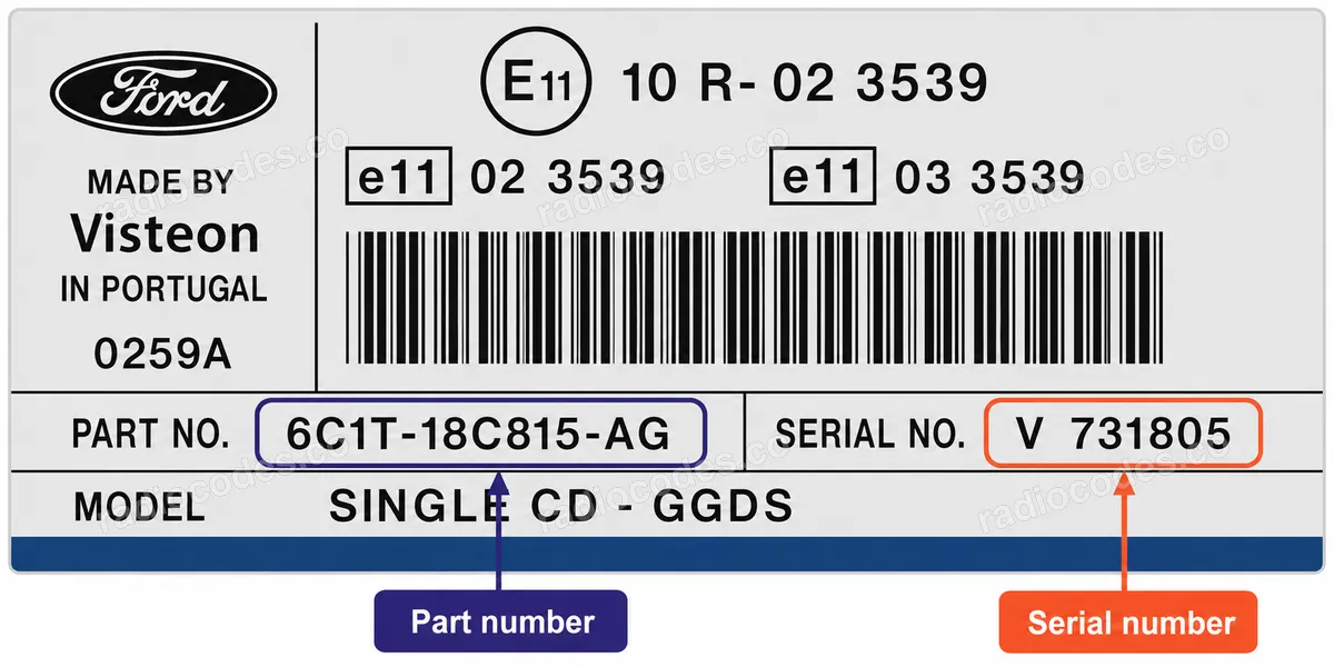 Onde posso encontrar o número de série do rádio Ford 6000 CD / SINGLE CD GGDS?