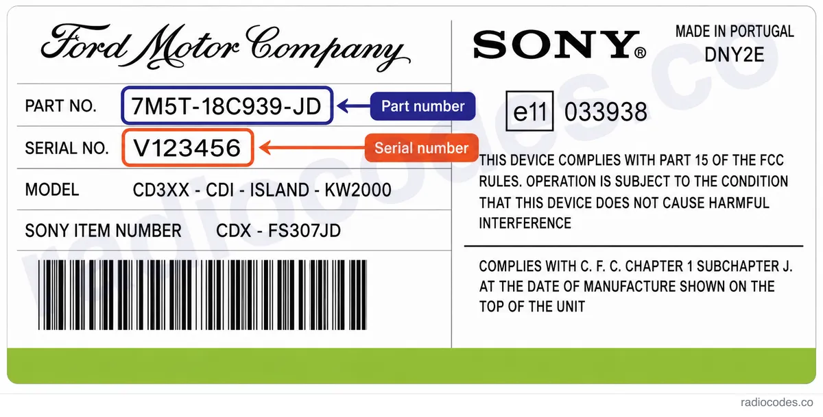 Where can I find the serial number on a Ford C3XX-CD6-ISLAND-GGDS / CDX-FC34XMB radio?