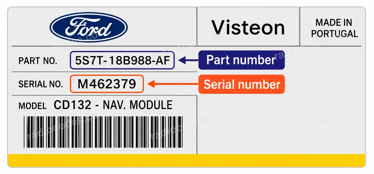 Onde posso encontrar o número de série do rádio Ford CD132 - NAV.MODULE?