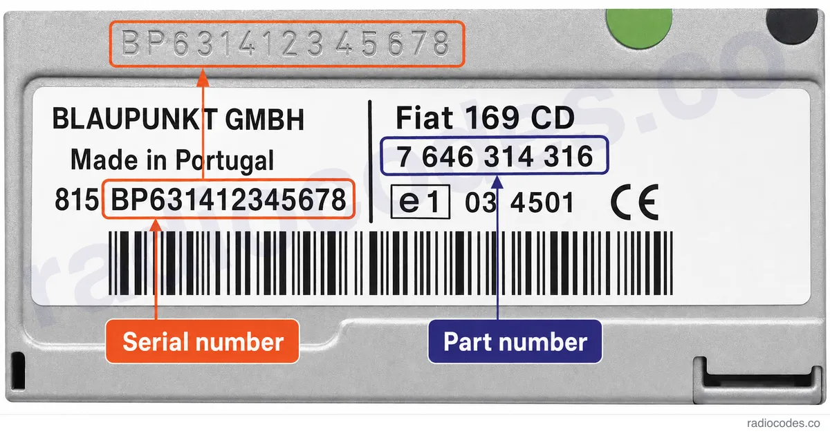 Where can I find the serial number on a Fiat PUNTO LOW radio?