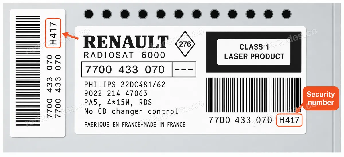 Onde posso encontrar o número de série do rádio Renault 22DC461/72E RADIOSAT 6010?