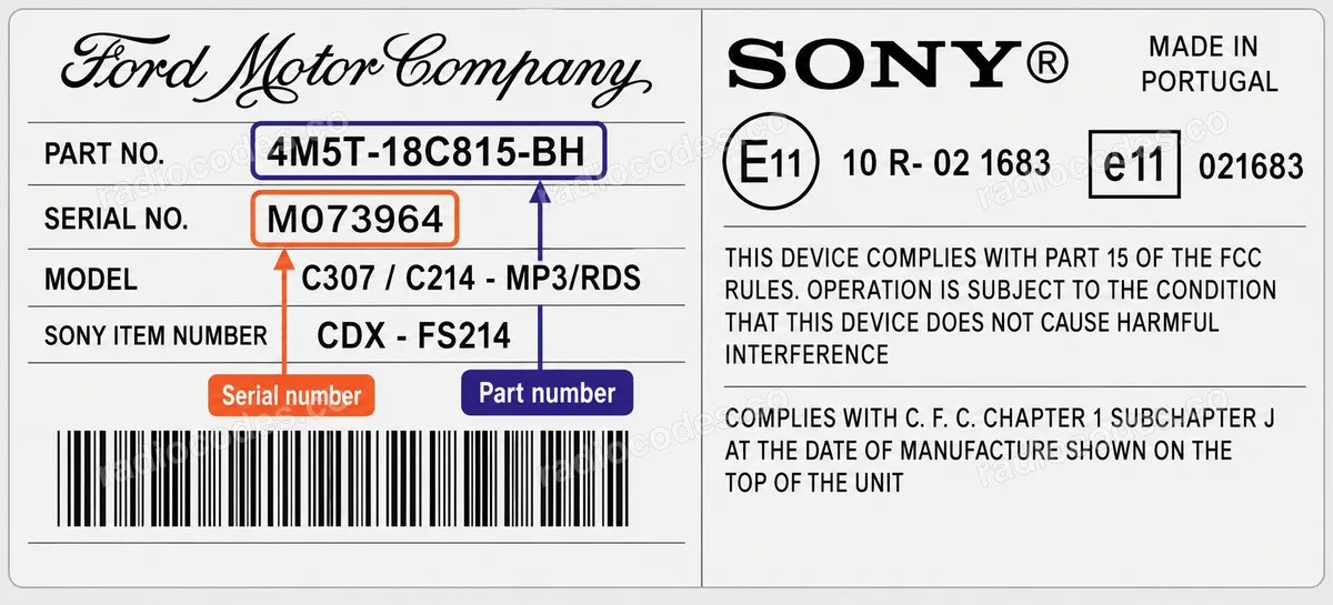 Onde posso encontrar o número de série do rádio Ford C307/C214 - MP3/RDS CDX-FS214?