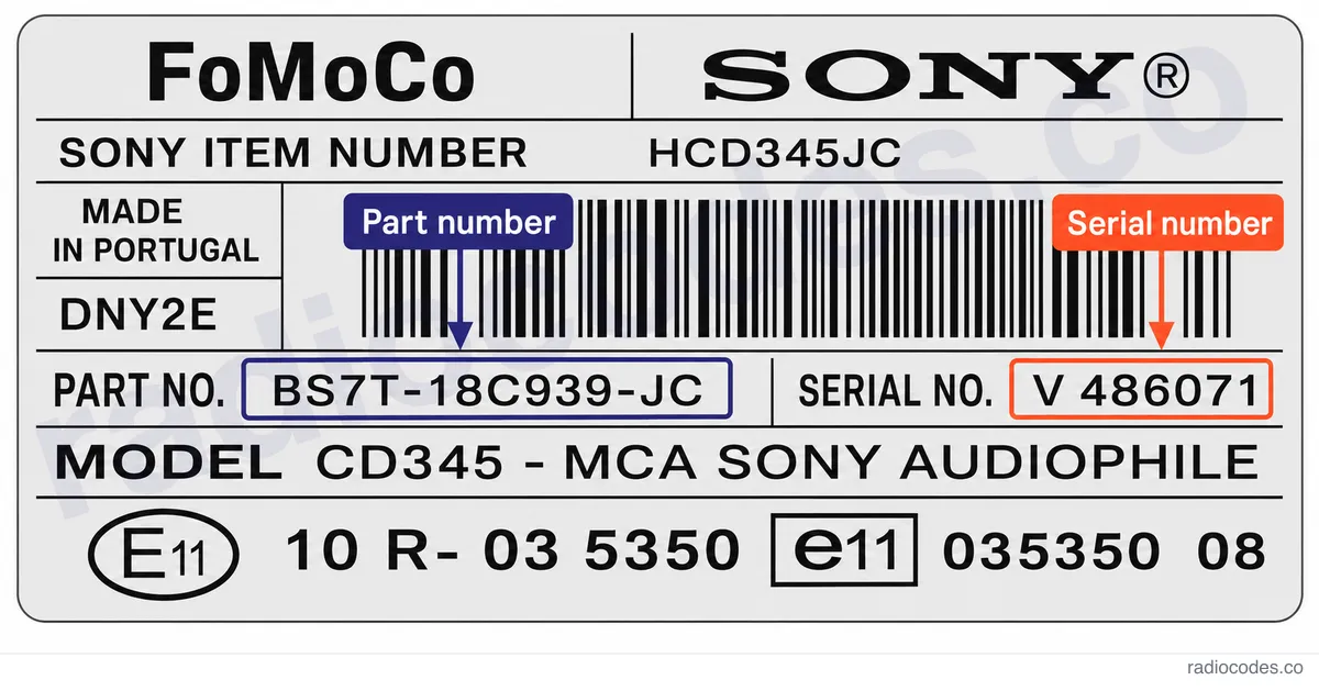 Where can I find the serial number on a Ford CD345 - MCA SONY / HCD345AC radio?