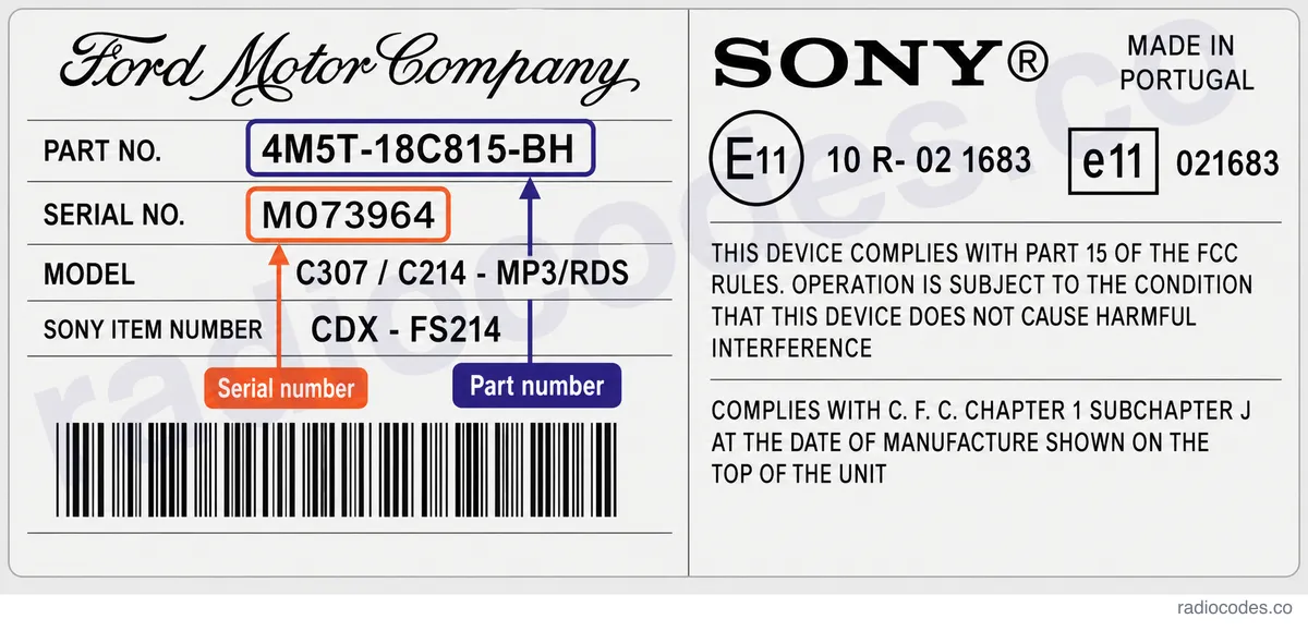 Where can I find the serial number on a Ford C307/C214 - CD6 CDX-FC214 radio?