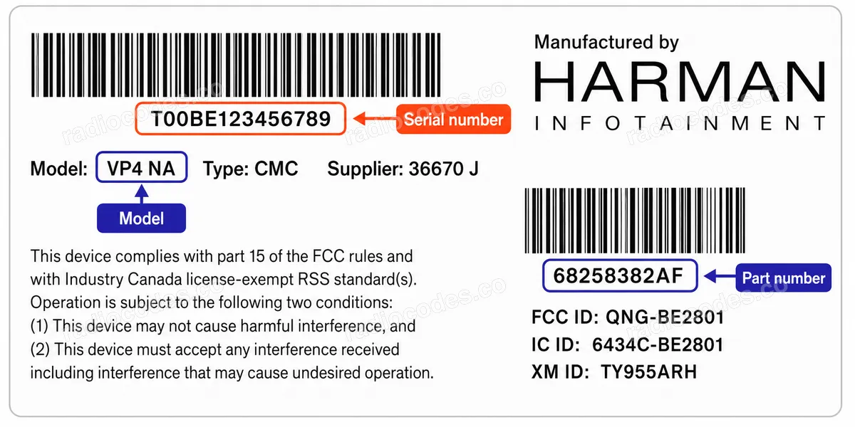 Onde posso encontrar o número de série do rádio Chrysler Uconnect 5.0 RA2 / VP2H SD?