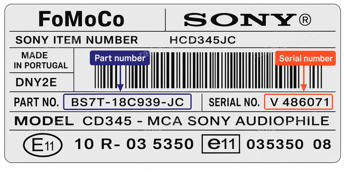 Onde posso encontrar o número de série do rádio Ford CD345 - MCA SONY DAB / HCD345FA?