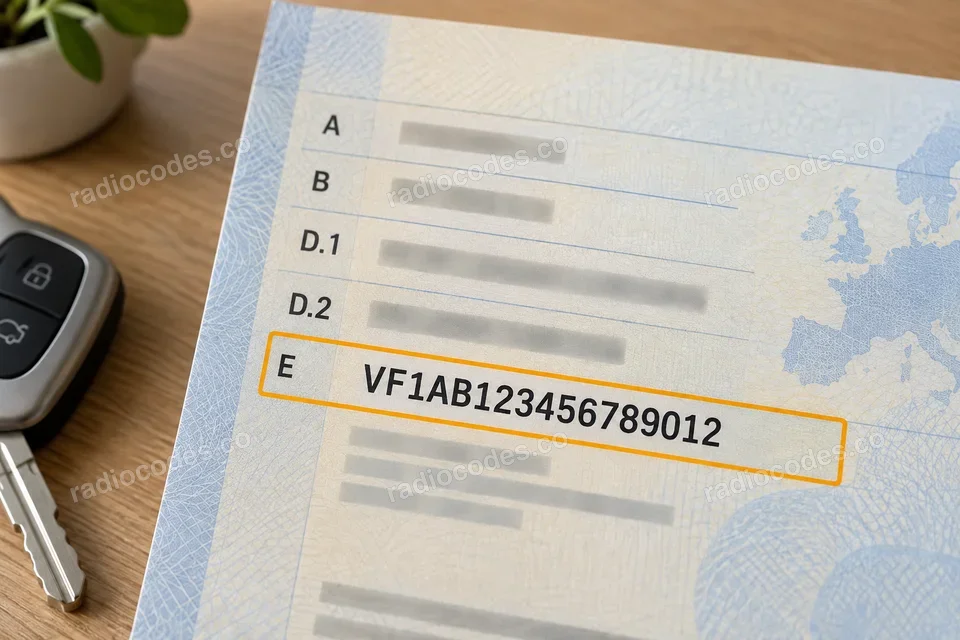 Exemplo de documento do veículo com o VIN destacado